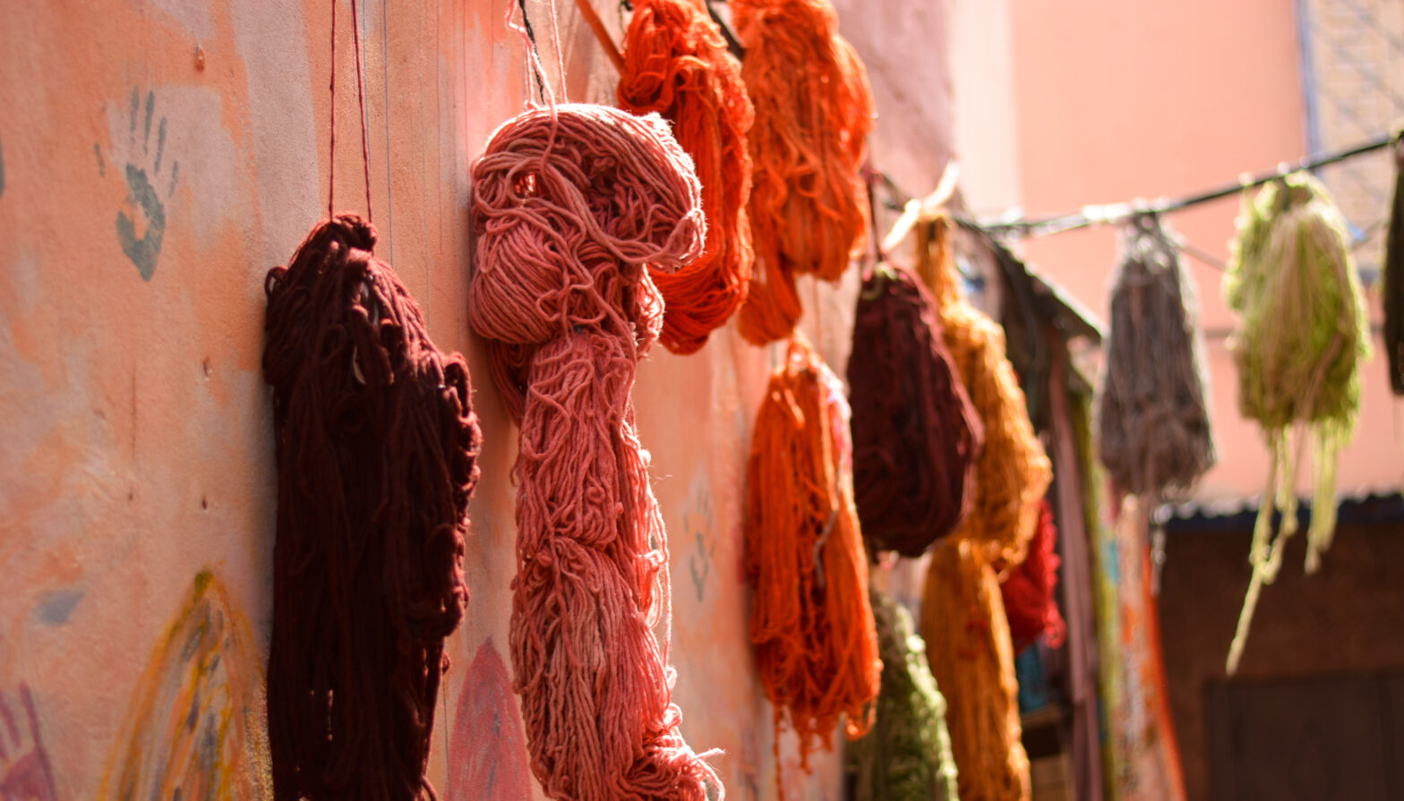 Colourful dyed yarn left to dry